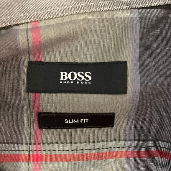 Boss Hugo Boss Mens Slim Fit Plaid Button Up Top Size Medium Gray Red Career - Picture 3 of 8